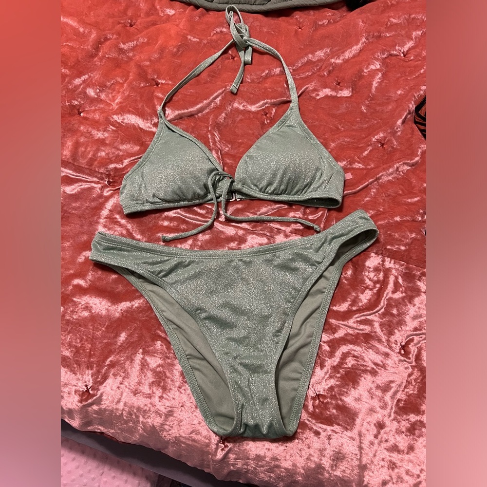 Stylish Shade & Shore Seafoam Green Sparkly Shimmer Glitter Bikini Set M/L